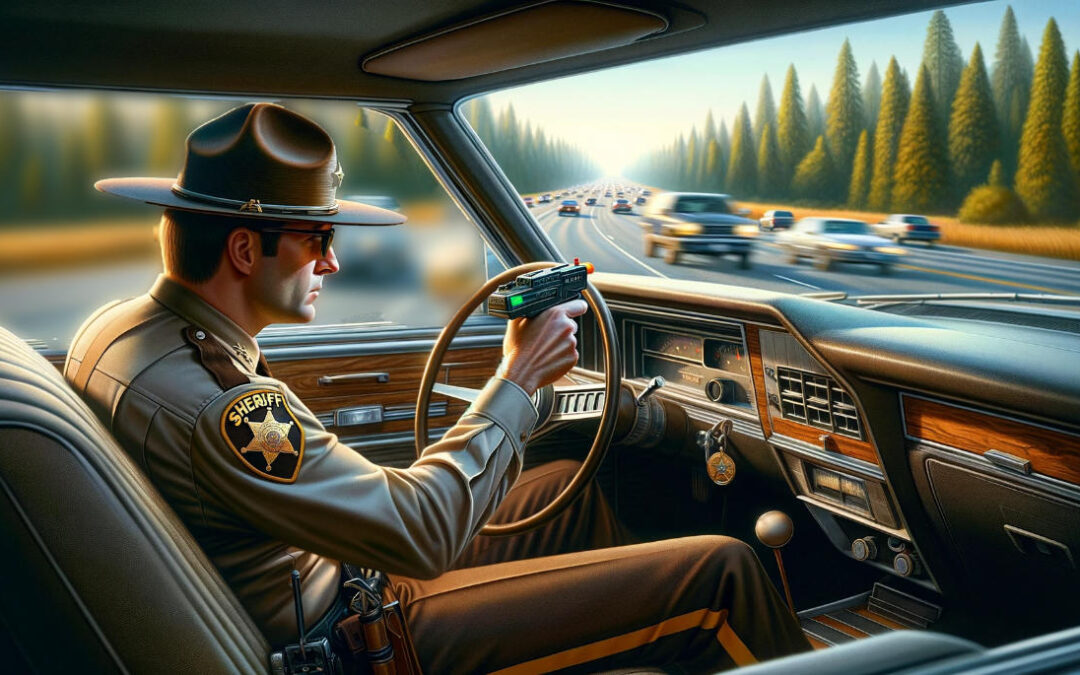 A sheriff parked, taking radar readings of cars' speed