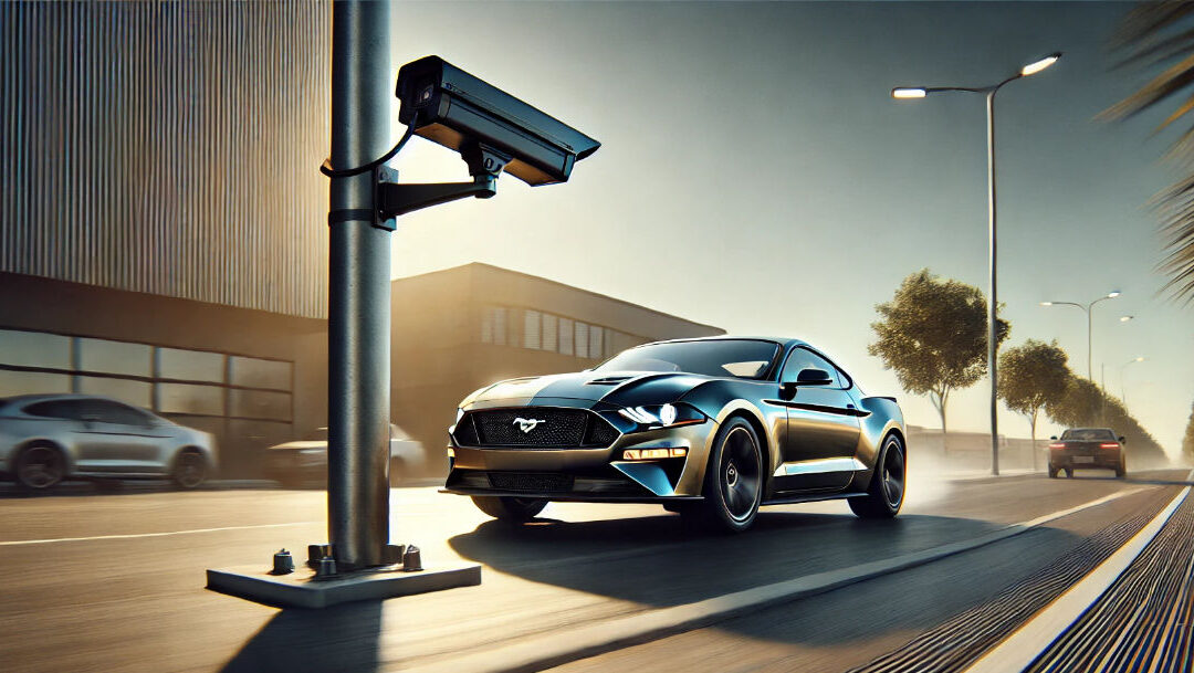 Mustang driving down a street, being observed by a camera